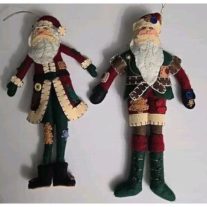 2 Felt stuffed Folk Art Santa Fabric Cloth‎ Buttons Christmas Ornament 11"-12"